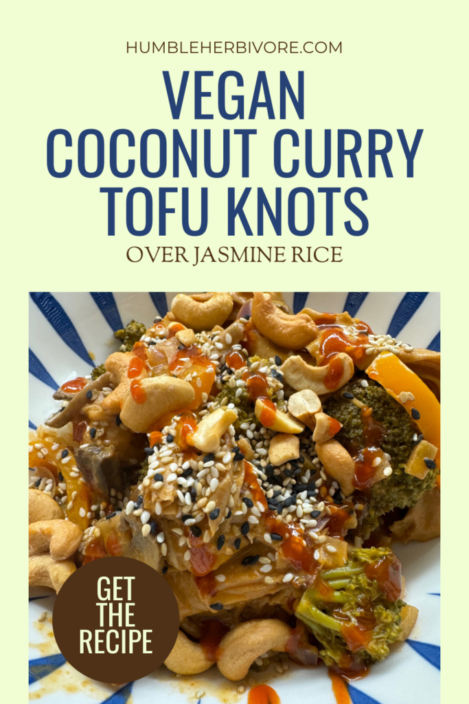 Coconut Curry Tofu Knots over jasmine rice Pinterest flyer