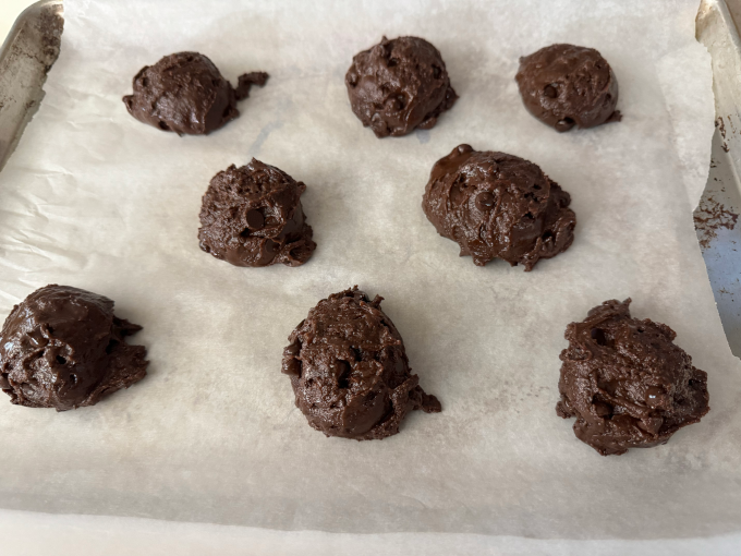 Double Chocolate Chip Cookie Dough on sheet pan ready to bake