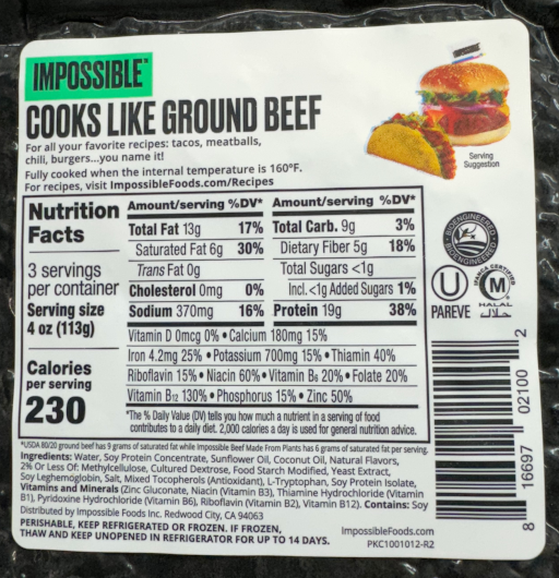 Impossible Burger Nutrition Facts