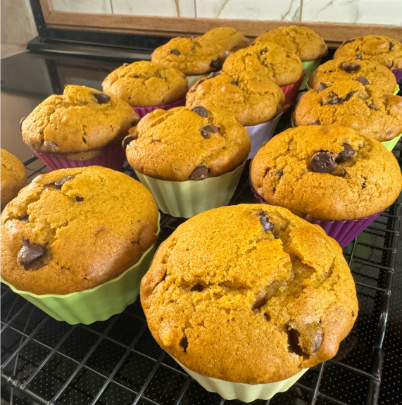 Pumpkin Chocolate Chip Muffins with Walnuts on cooling rack