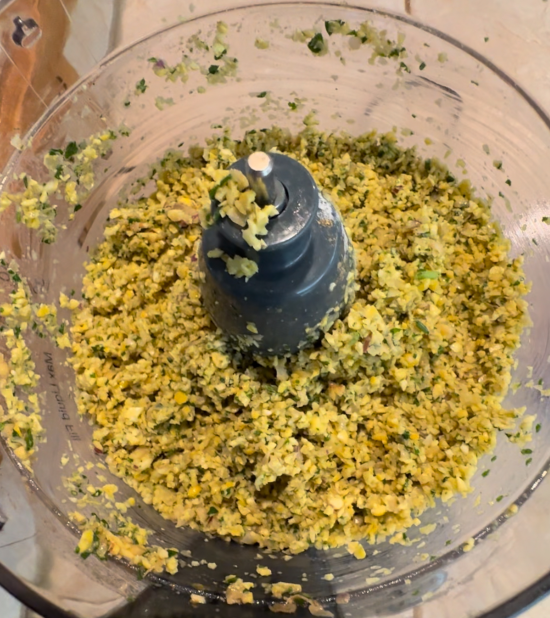 Consistency of the falafel mixture after pulsing in the food processor.