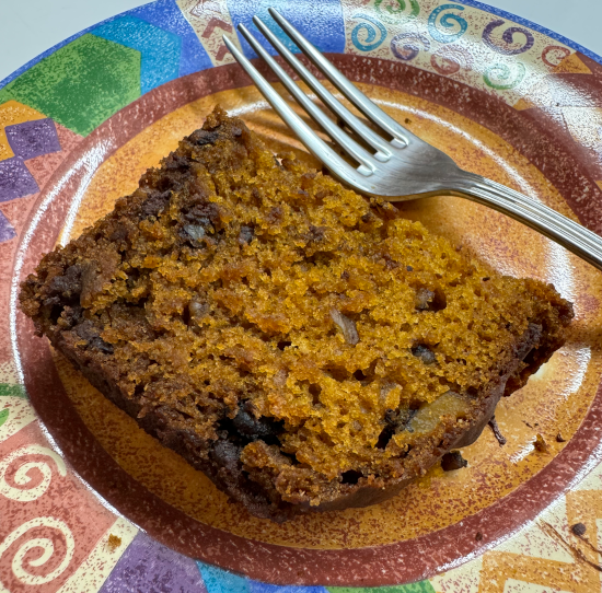 Vegan Pumpkin Bread with Walnuts and Chocolate Chips served