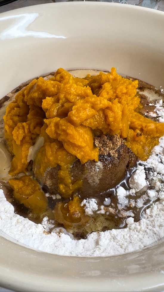 Pumpkin puree and wet ingredients added