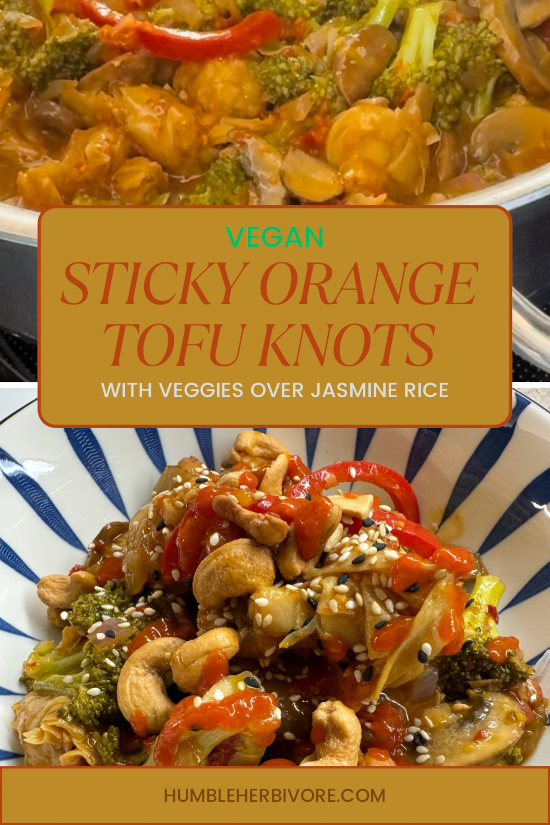 Sticky Orange Tofu Knots with veggies over jasmine rice pin