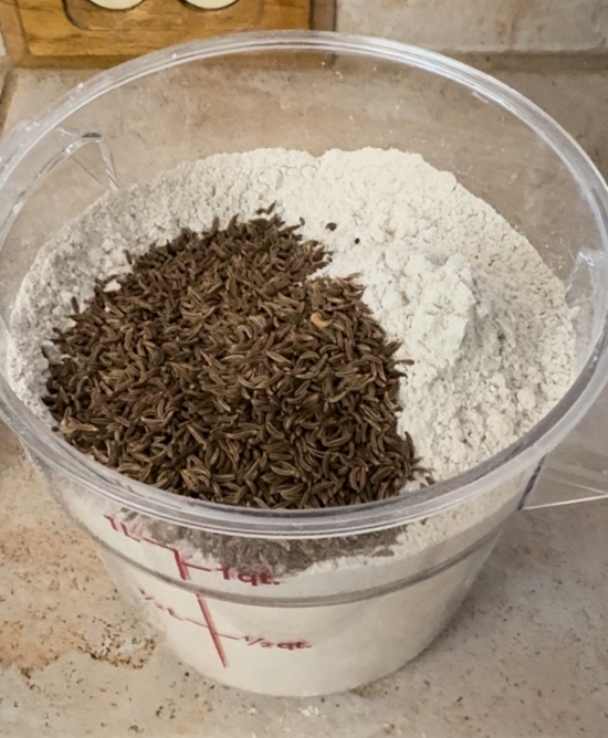 Rye sourdough dry ingredients measured and weighed