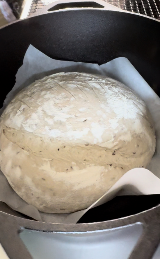 Sourdough in Dutch oven about to be baked