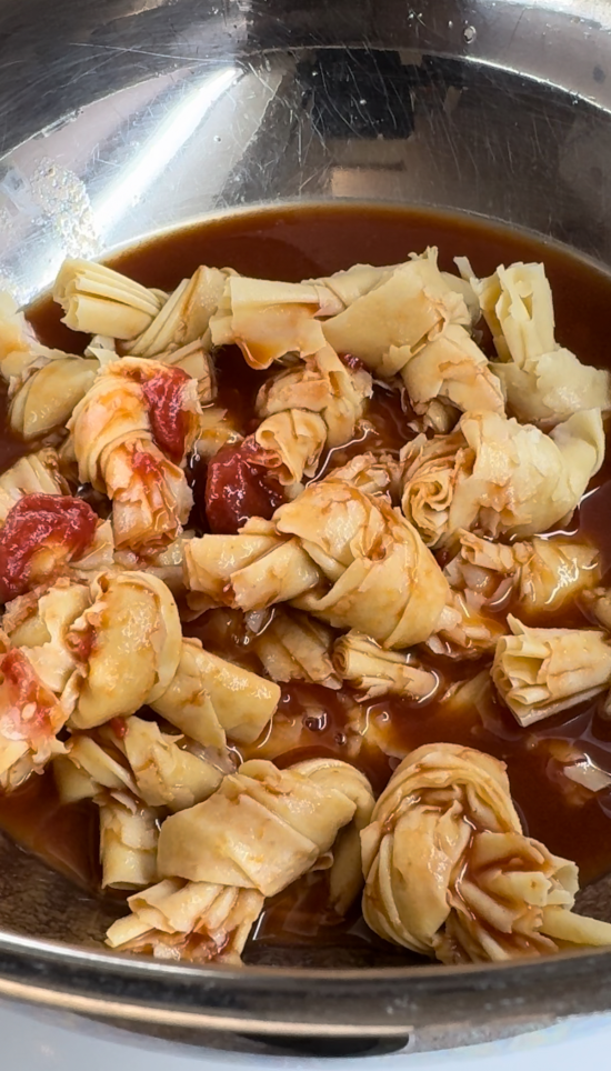 Tofu knots in marinade