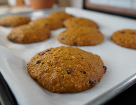 Pumpkin chocolate chip oatmeal cookie fresh from the oven