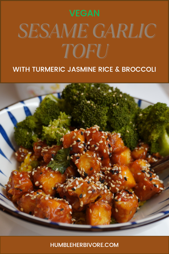 Sesame Garlic Tofu with turmeric jasmine rice and broccoli pin