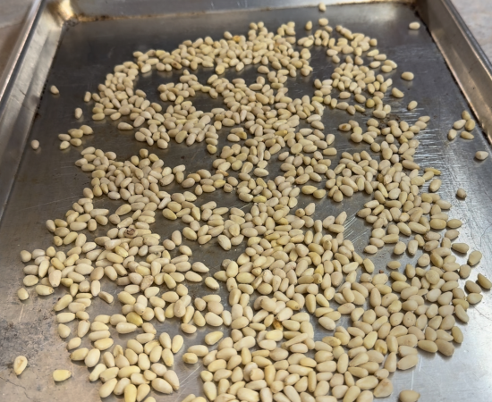 Pine nuts on sheet pan about to be roasted