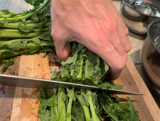 Prepping the broccoli rabe