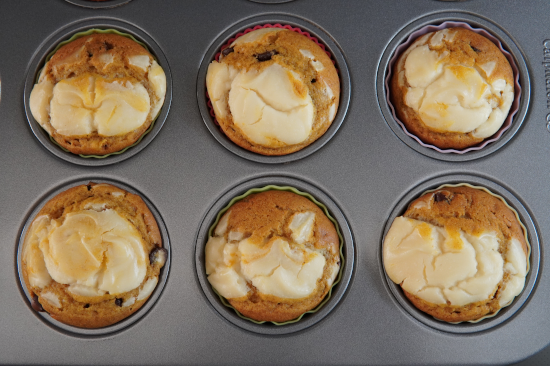 Top view of cupcakes still in baking pan