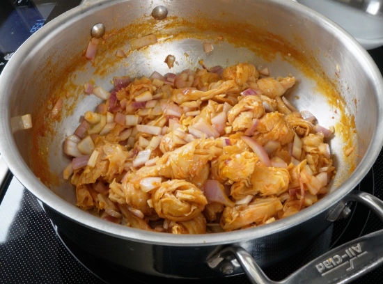 Sautéed tofu knots with onion and garlic