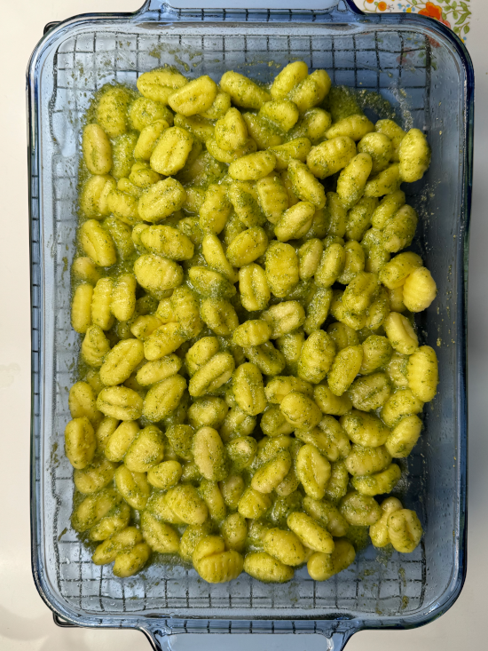 Baked pesto gnocchi fresh from the oven