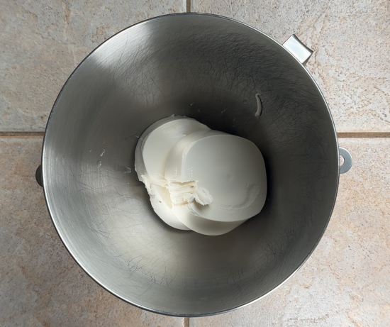 Vegan cream cheese added to stand mixing bowl