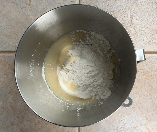 Dry ingredients added to the mixing bowl