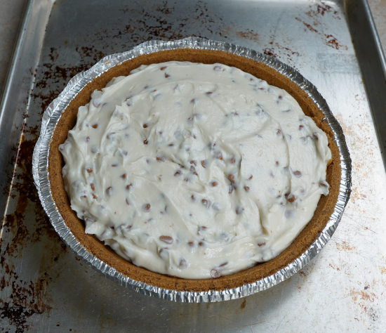 Vegan caramel chip cheesecake ready to bake