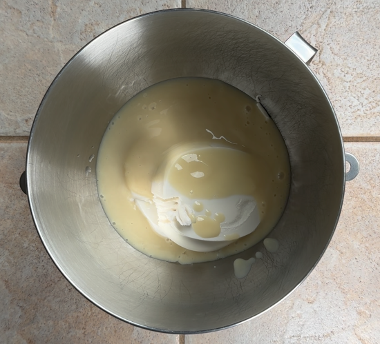 Tofu mixture added to the mixing bowl