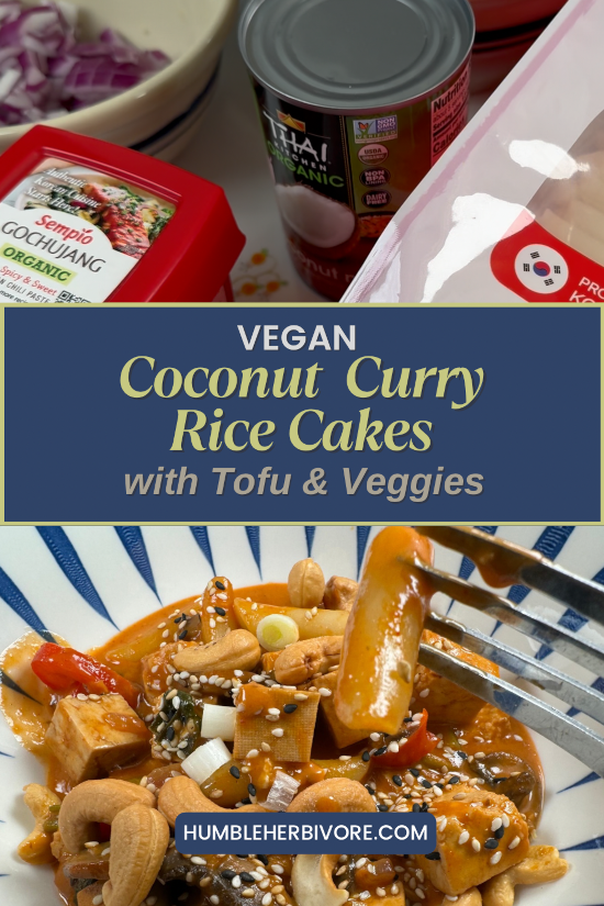 Vegan Coconut Curry Rice Cakes with Tofu and Veggies pin