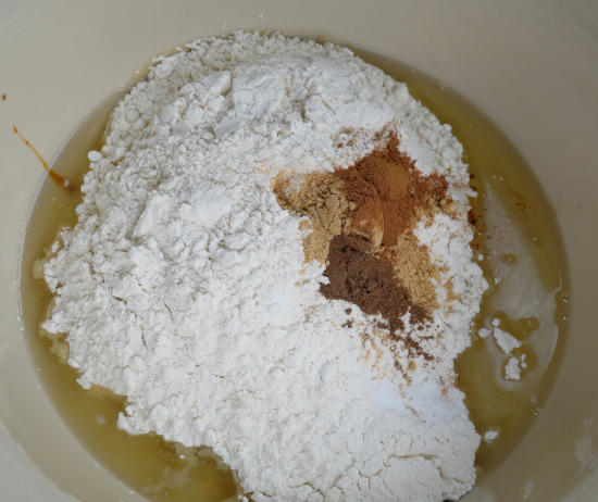 Dry ingredients added to muffin batter