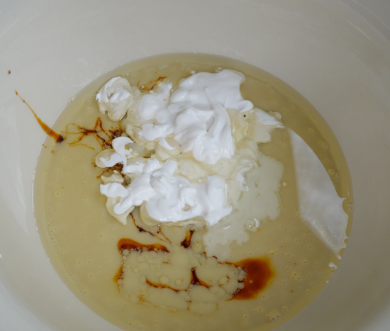 Wet ingredients added to a mixing bowl