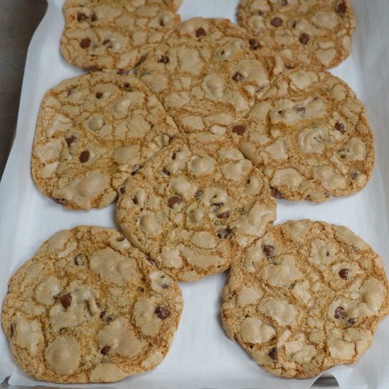 Chocolate chip cookies on a baking sheet fresh from the oven