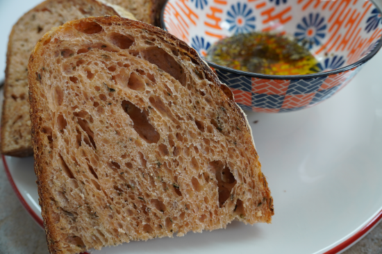 Tomato and basil sourdough served