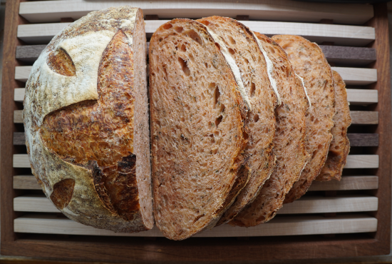 The loaf cut into slices