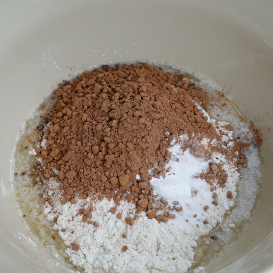 Baking powder, baking soda, and salt added to the mixing bowl