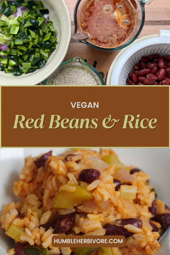 Vegan Quick and Easy Red Beans and Rice - split photograph of the prepared meal and the ingredients.