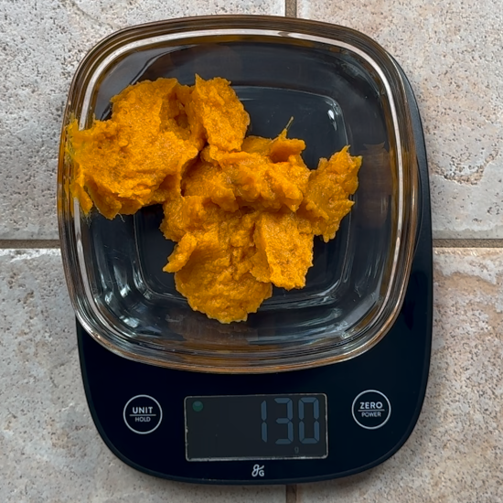 Weigh and store the sweet potato puree and place in the refrigerator until ready to use. 